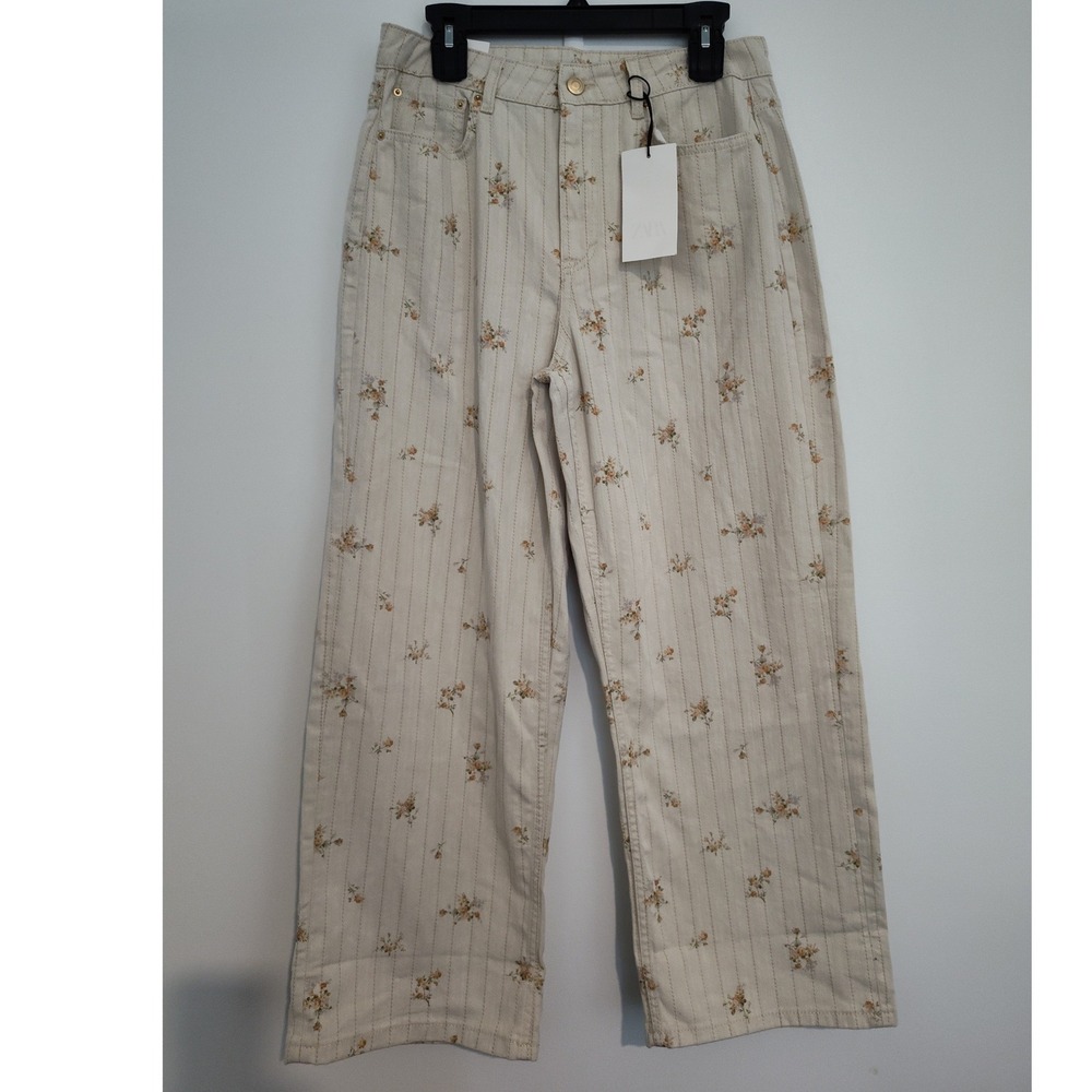 Zara Floral Pinstripe Mid Rise Tapered Roll Up Denim Pants Cream Size 8 NWT